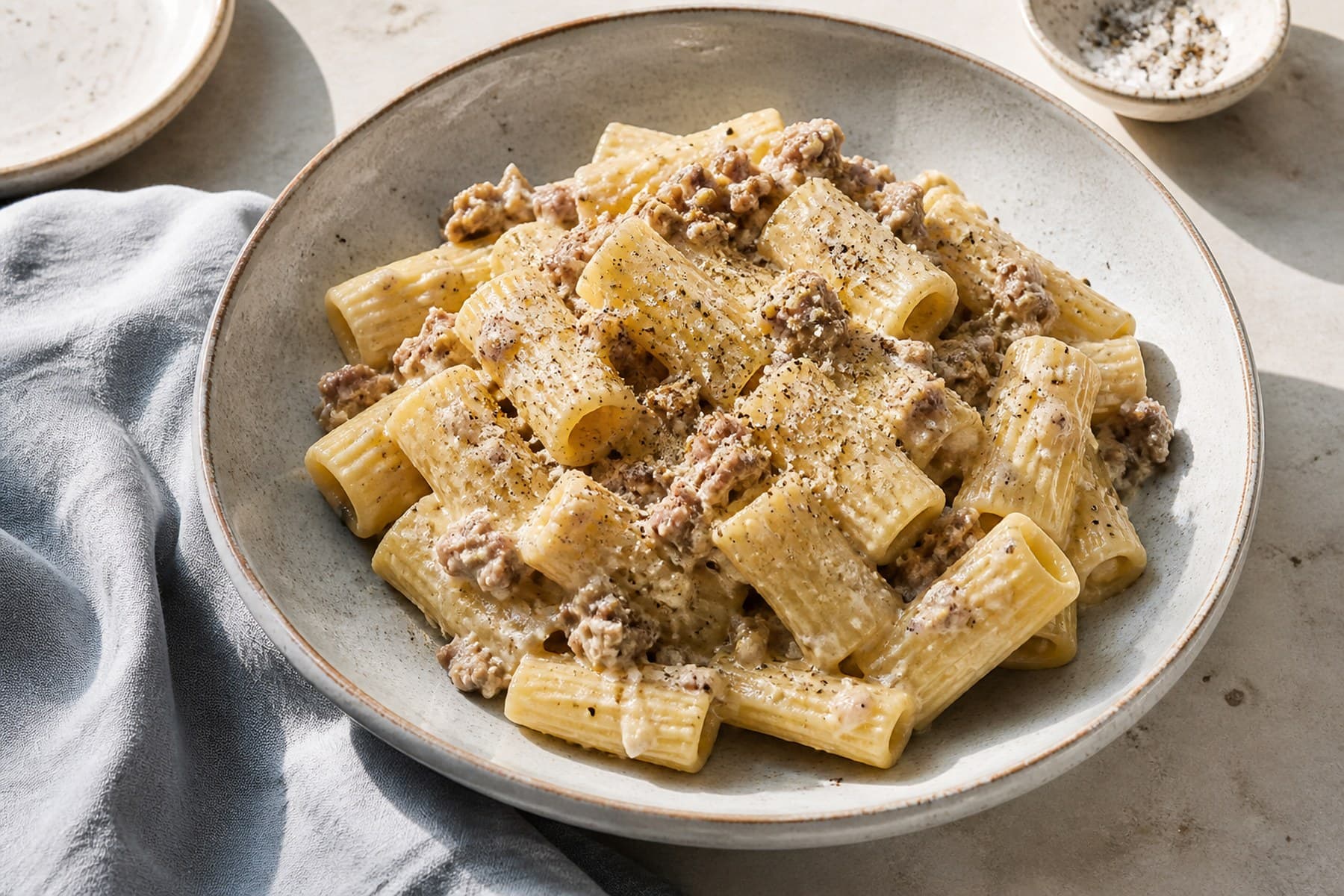 Rigatoni alla Norcina with crumbled sausage Pecorino and black pepper