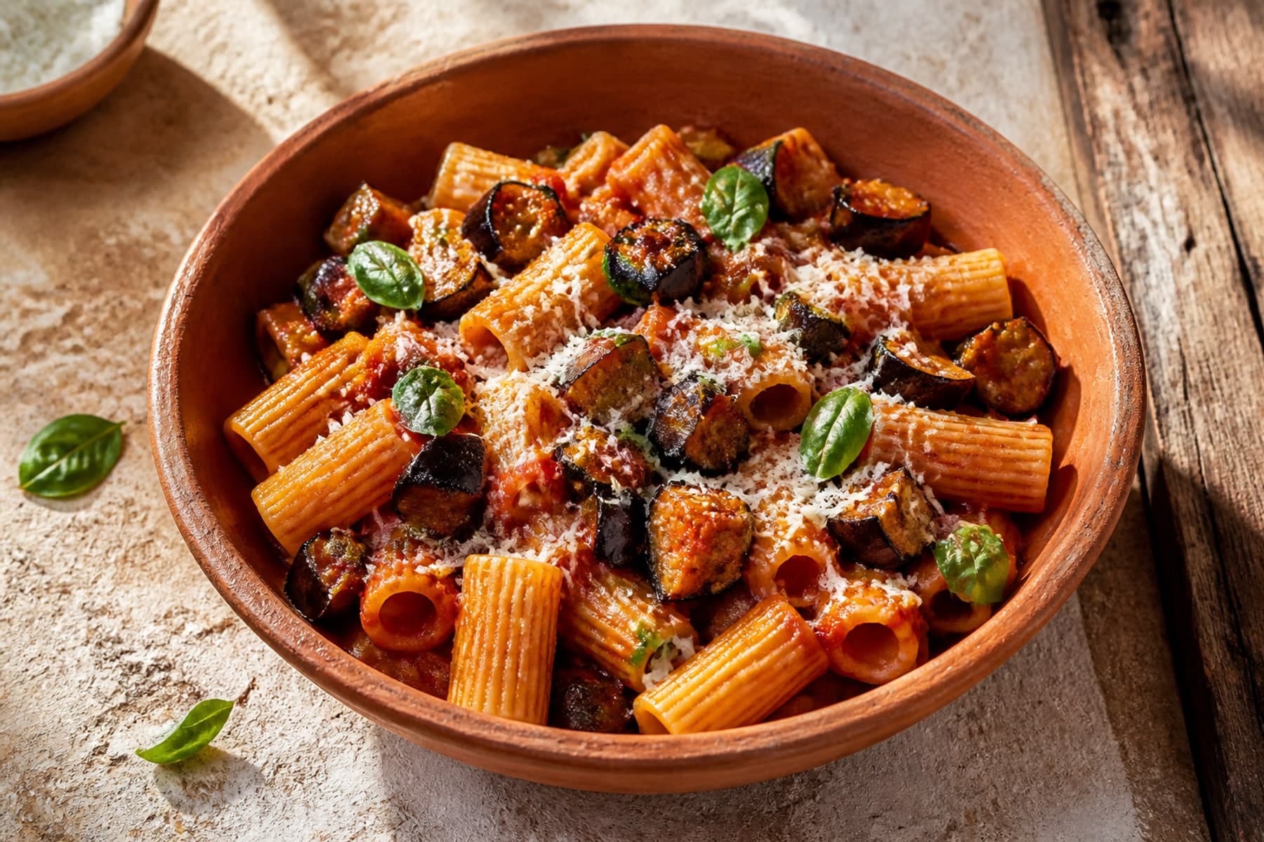 Rigatoni alla Norma with aubergine tomato basil and ricotta salata in a rustic bowl