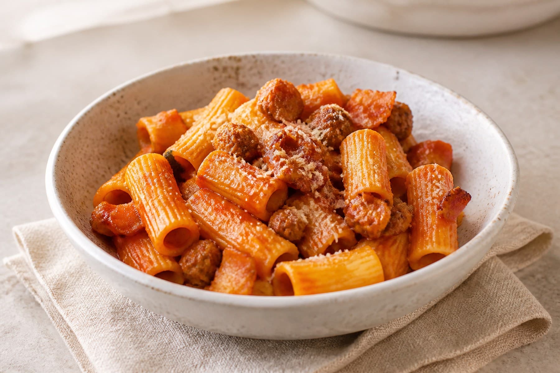Rigatoni alla zozzona with tomato sausage guanciale and Pecorino