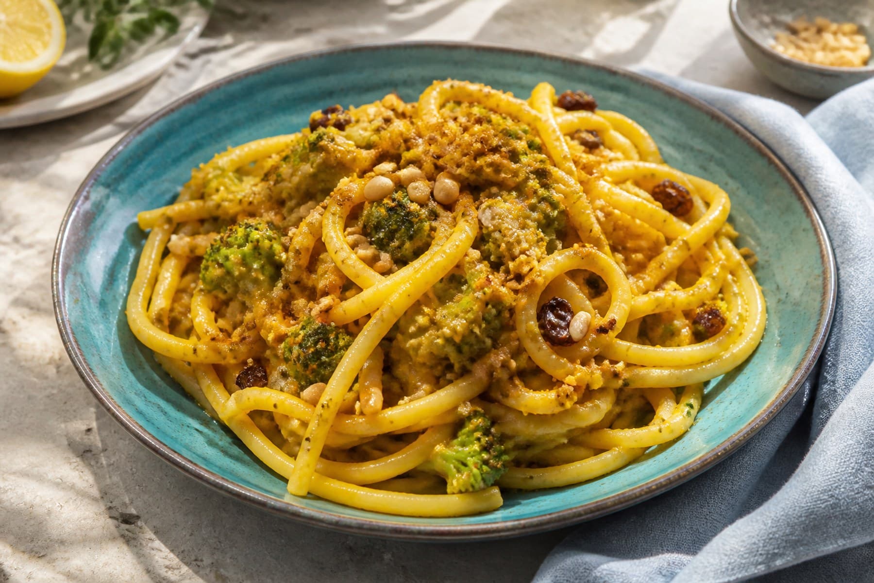 Bucatini with golden cauliflower raisins pine nuts and toasted breadcrumbs