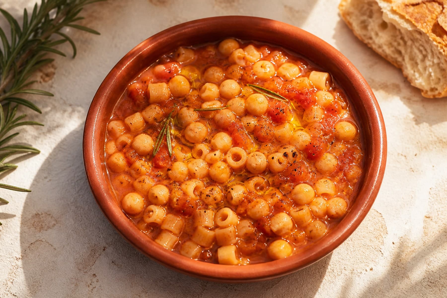 Rustic pasta e ceci with chickpeas rosemary and small pasta in a terracotta bowl