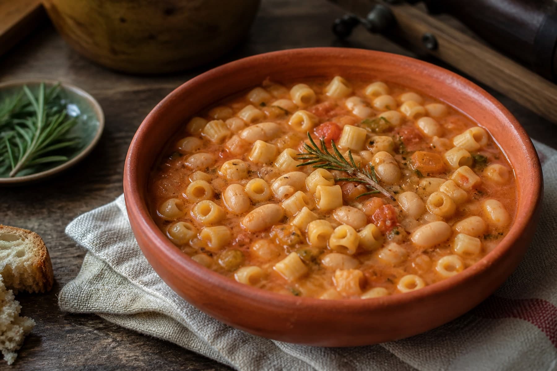 Thick pasta e fagioli with borlotti beans small pasta and rosemary in a rustic bowl