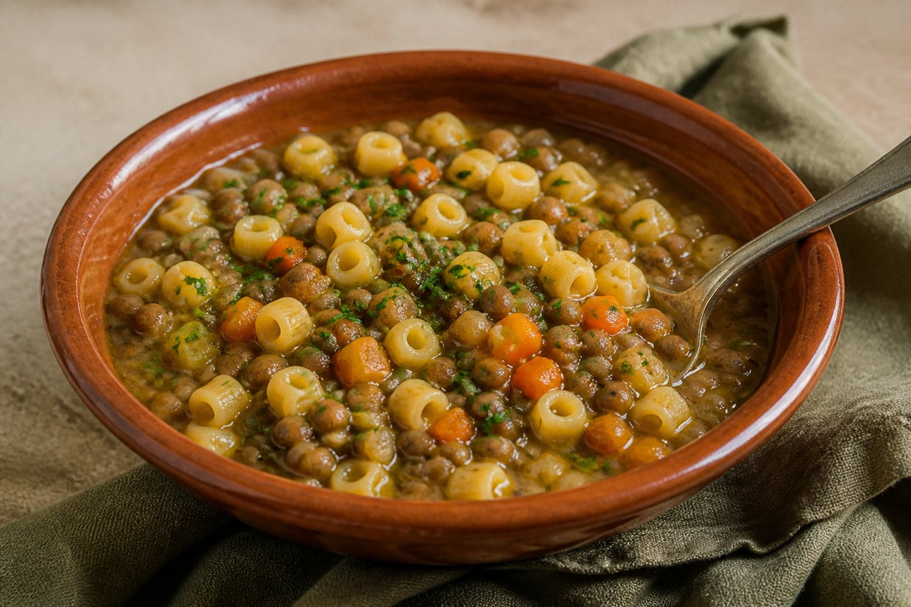 Thick Italian pasta e lenticchie with ditalini brown lentils vegetables and parsley