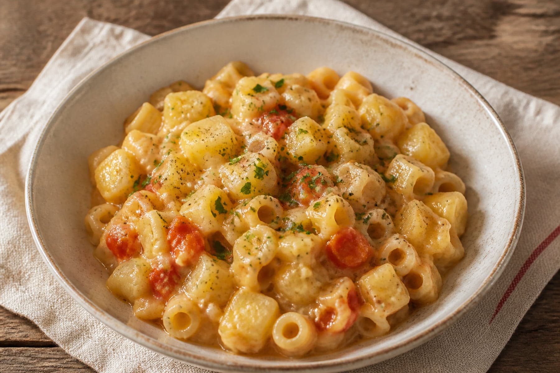Creamy pasta e patate with mixed short pasta potato cubes tomato and parsley