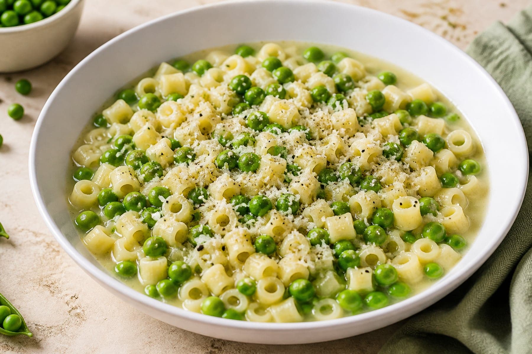 Neapolitan pasta e piselli with ditalini green peas Pecorino and black pepper
