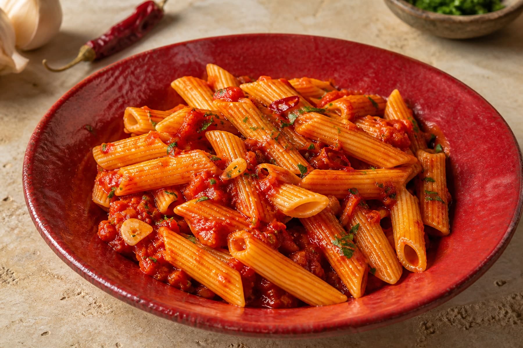 Penne all arrabbiata in vivid tomato chilli sauce on a pale limestone table