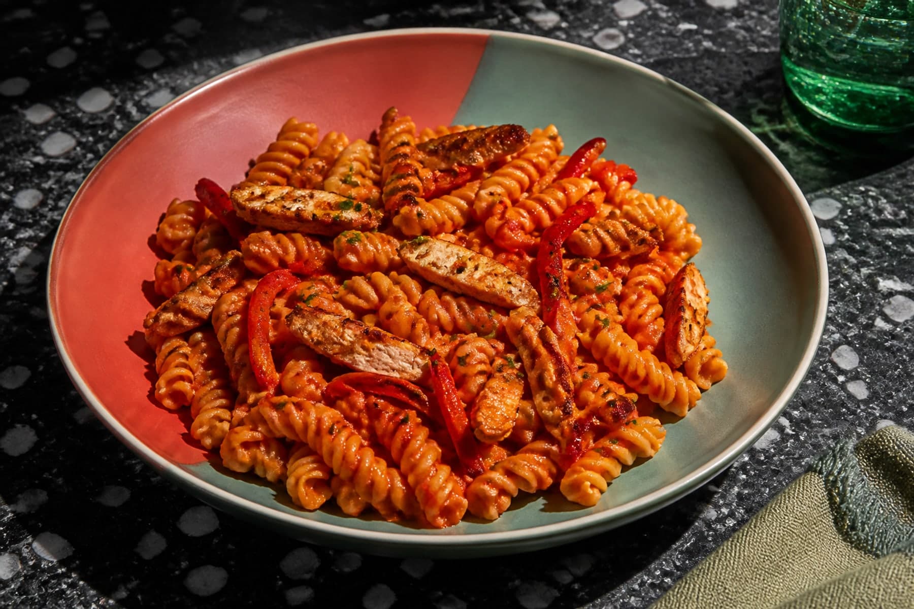 Peri-peri chicken fusilli with red pepper and herbs on a contemporary plate