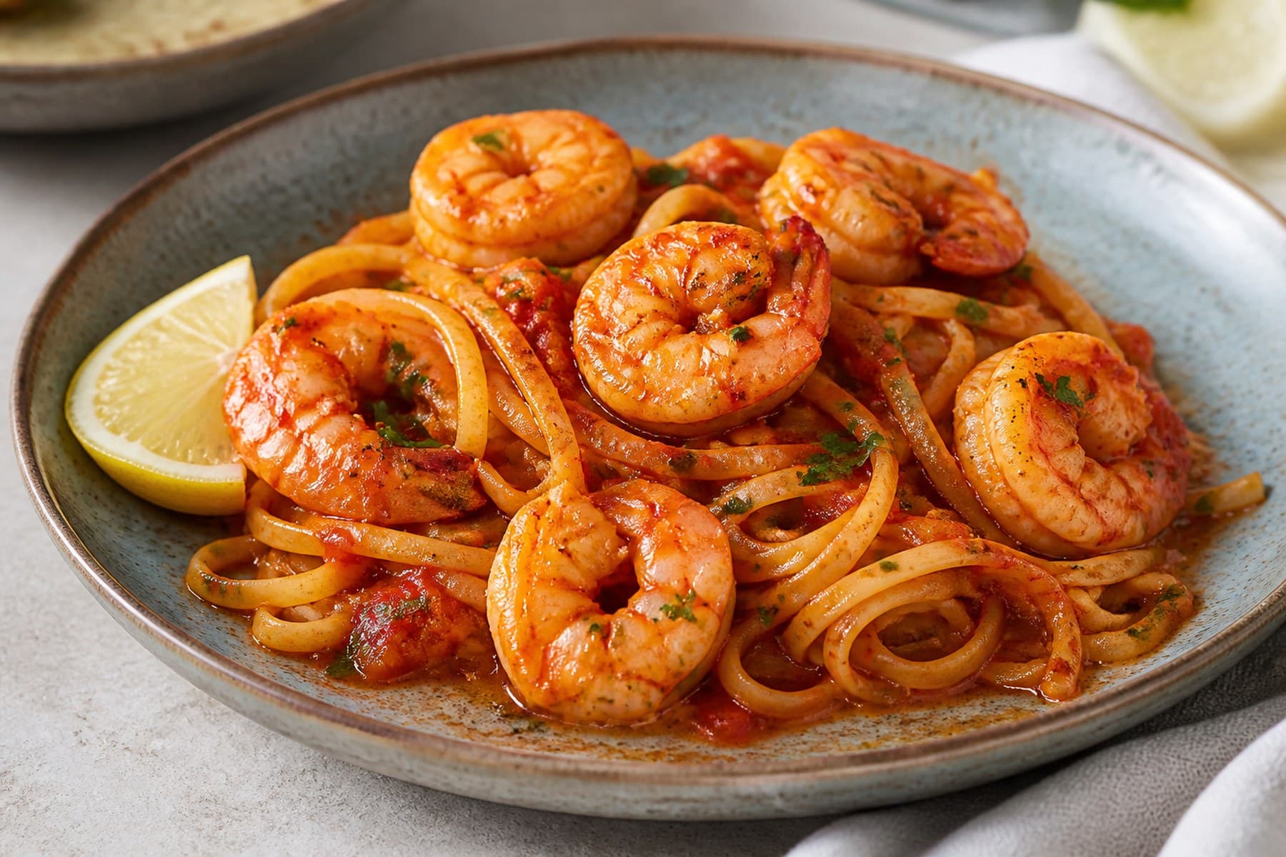 Linguine with seared prawns red peri-peri sauce lemon and parsley