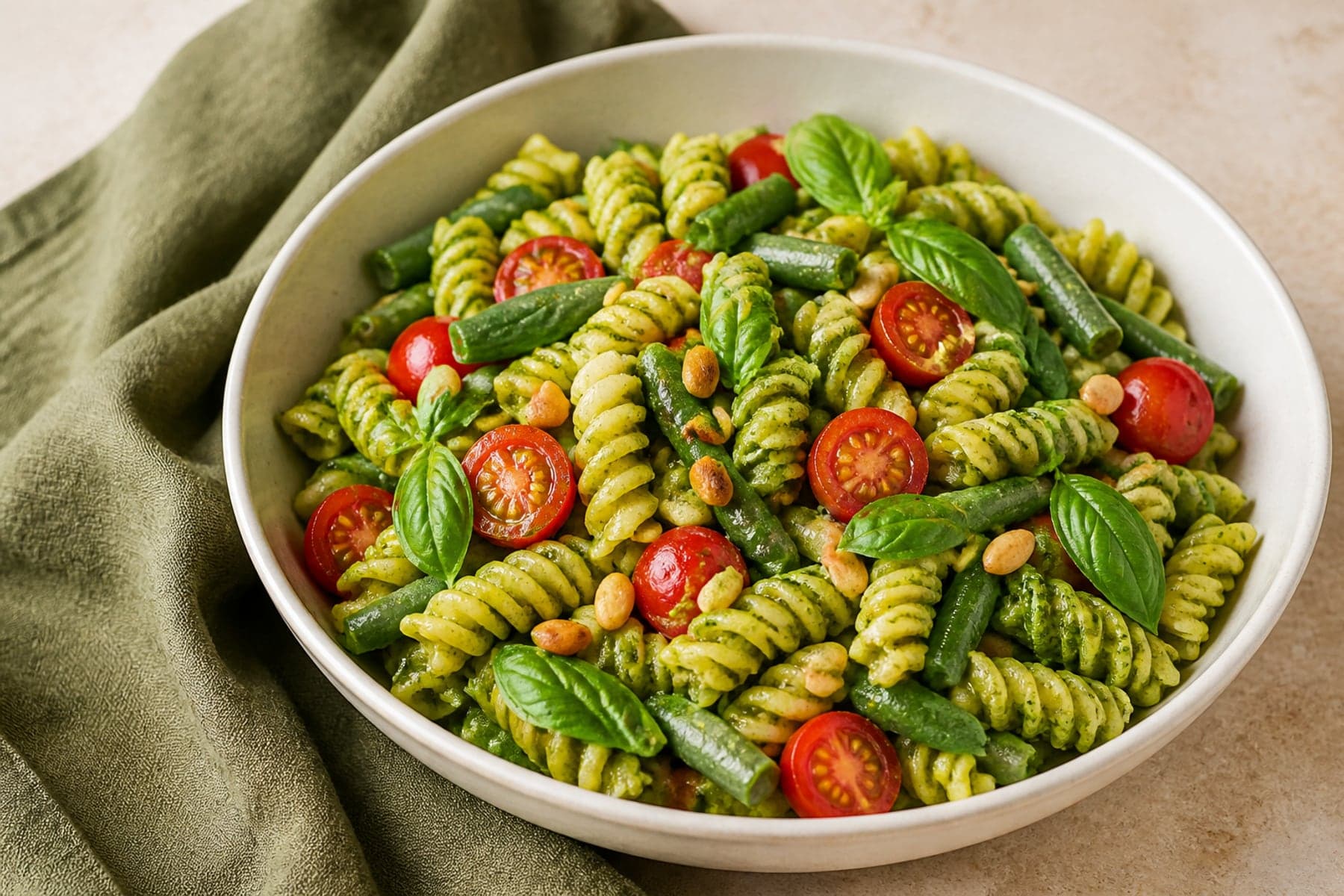 Fusilli pesto pasta salad with green beans cherry tomatoes basil and pine nuts