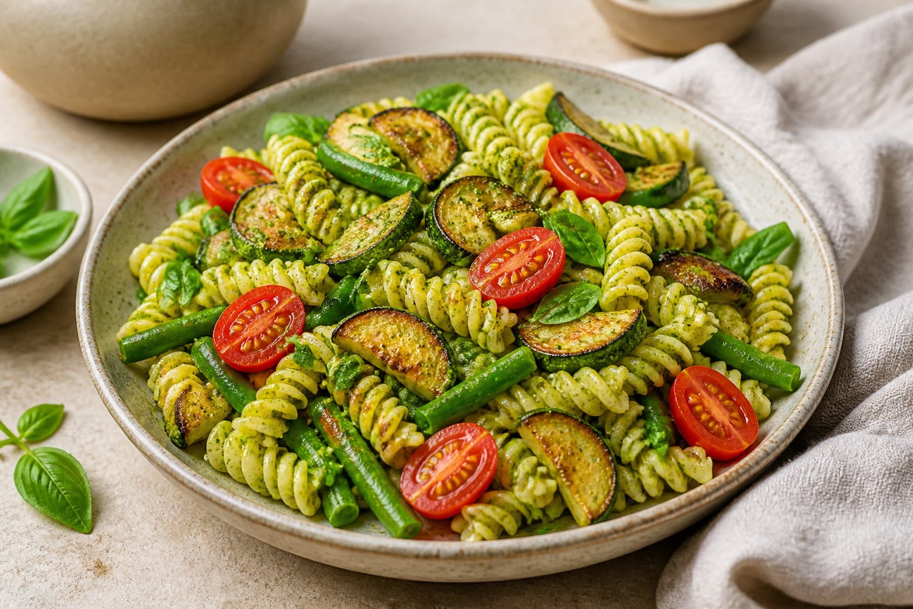 Fusilli with basil pesto baby marrow green beans and cherry tomatoes