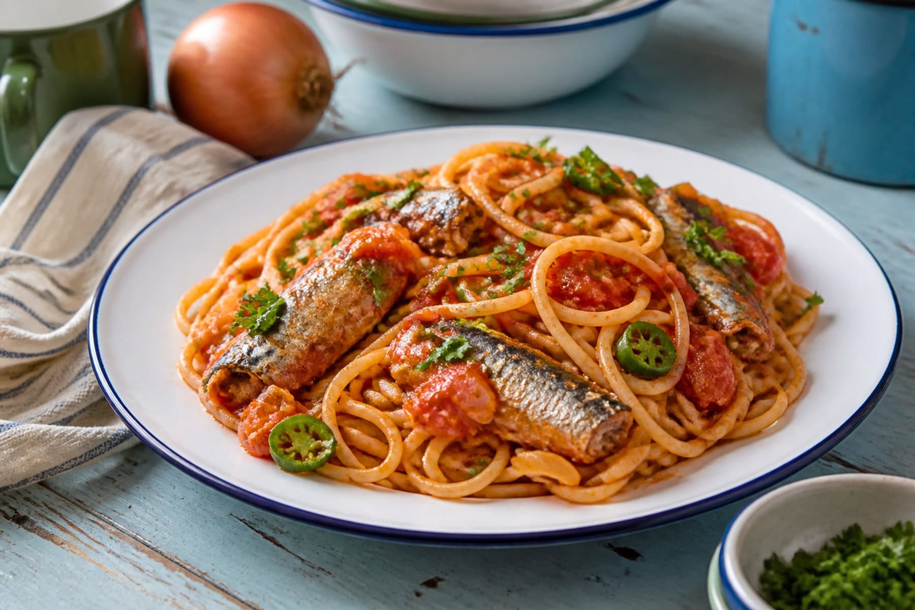 Pilchard tomato spaghetti with spinach and lemon on a blue ceramic plate