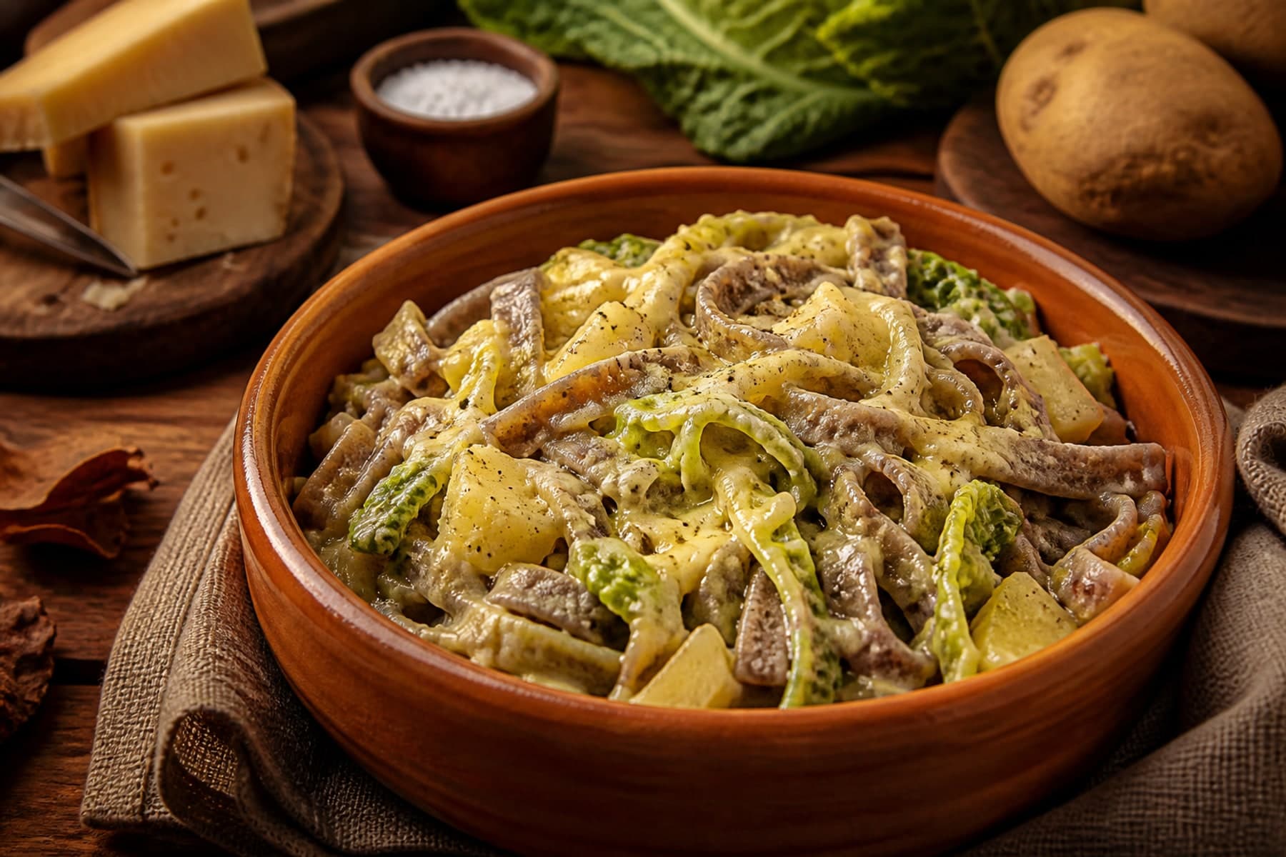 Buckwheat pizzoccheri with cabbage potato melted cheese and sage in a stone bowl