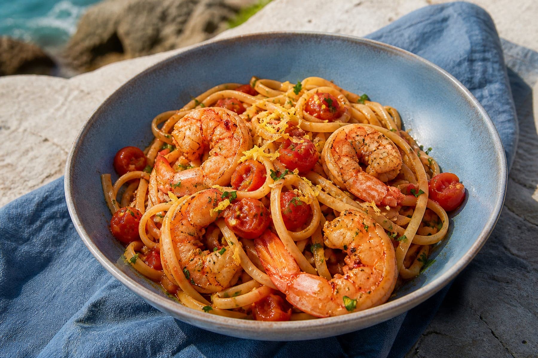 Linguine with seared prawns burst cherry tomatoes lemon and parsley