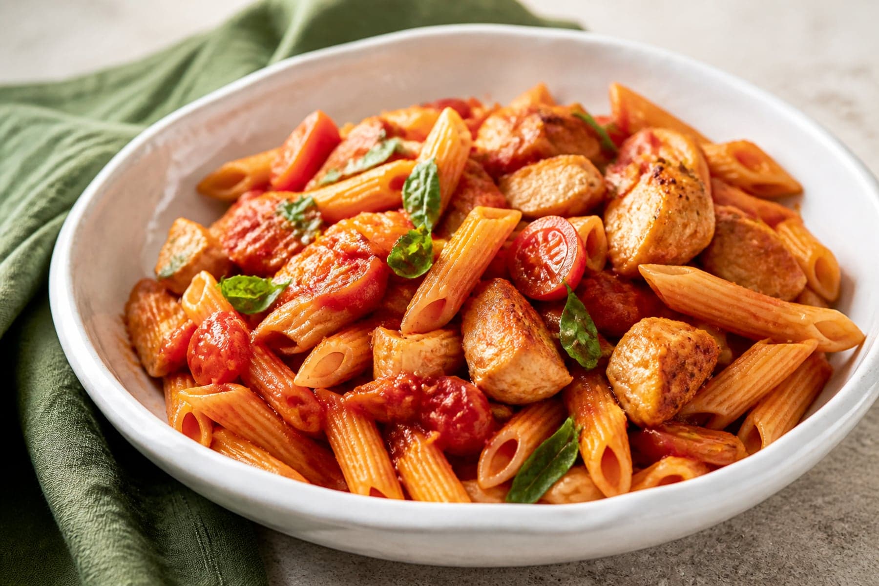 Penne with golden chicken cherry tomatoes fresh basil and tomato sauce