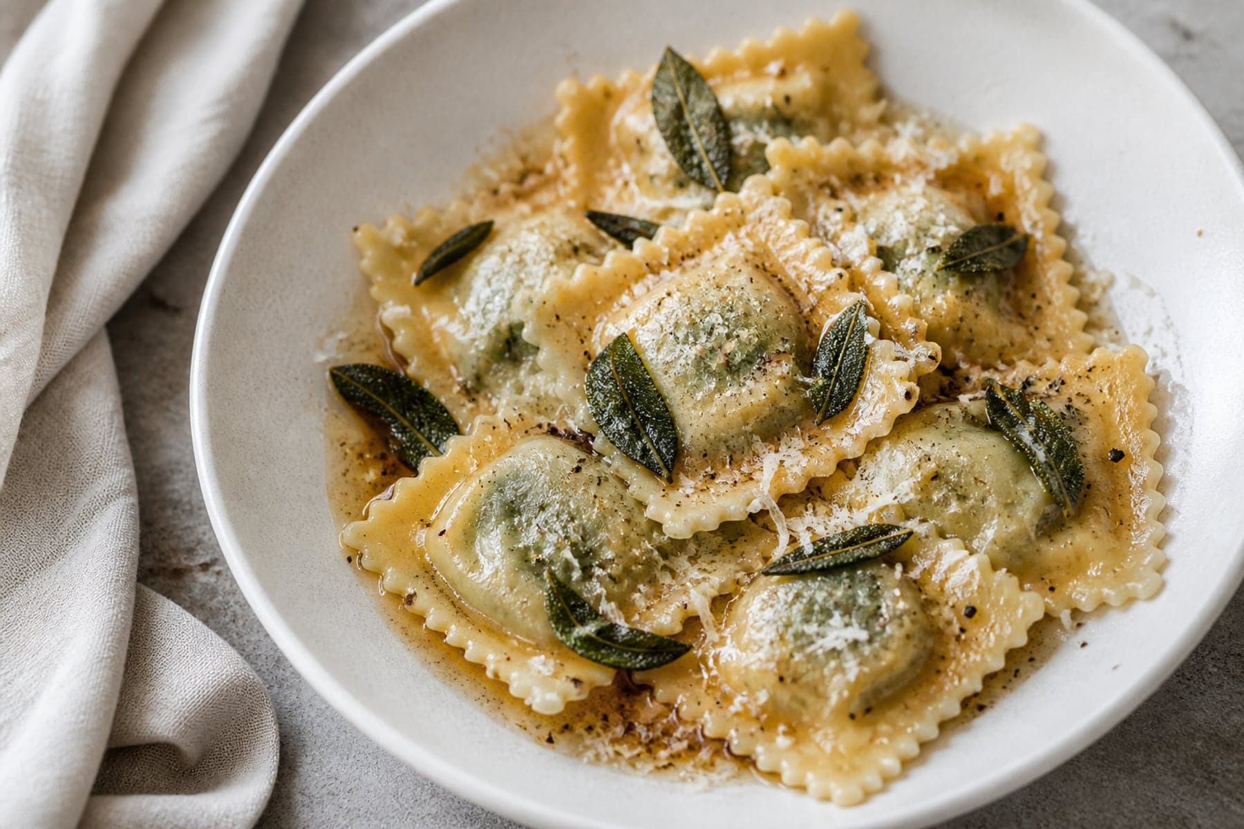 Filled ravioli in brown butter with crisp sage Parmigiano and black pepper