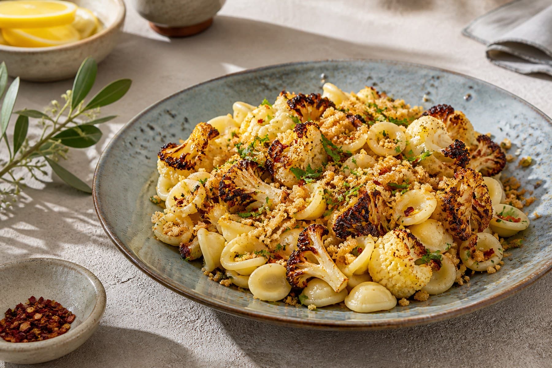 Orecchiette with dark roasted cauliflower lemon parsley and chilli breadcrumbs