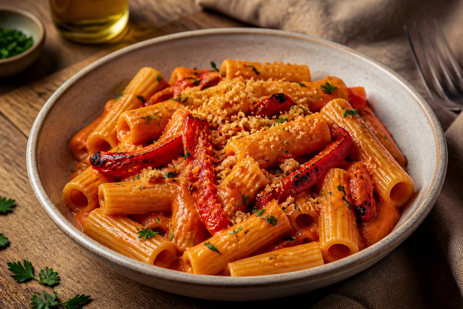 Rigatoni in smooth roasted red pepper almond sauce with parsley
