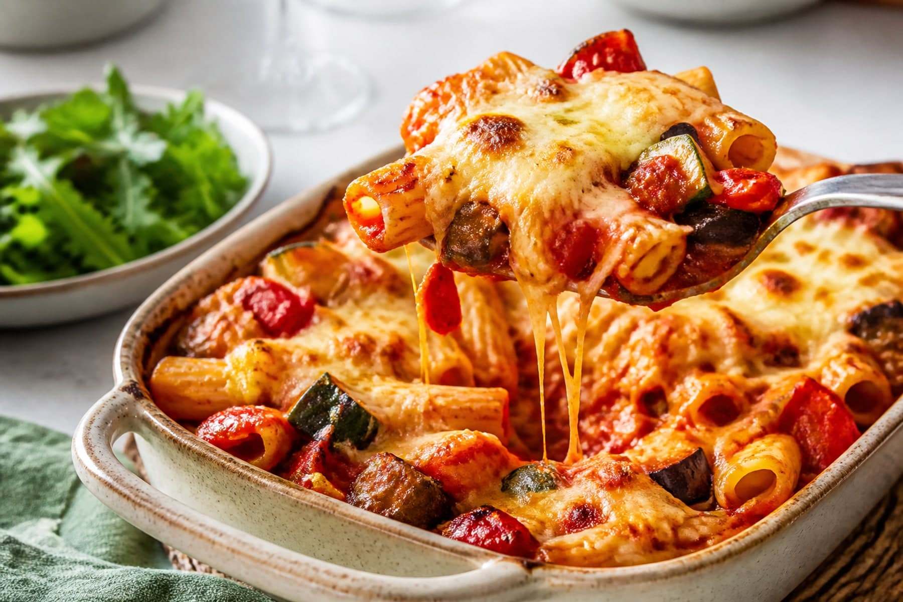 Roasted Mediterranean vegetable rigatoni bake with mozzarella in a terracotta dish