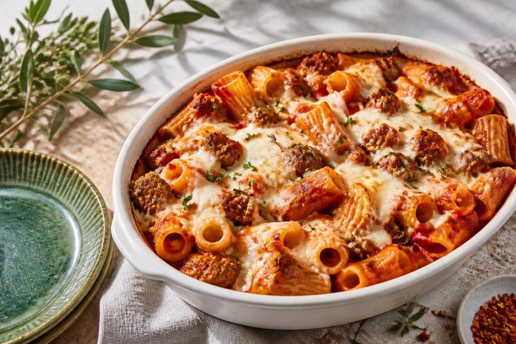 Bubbling rigatoni sausage tomato bake with browned mozzarella top