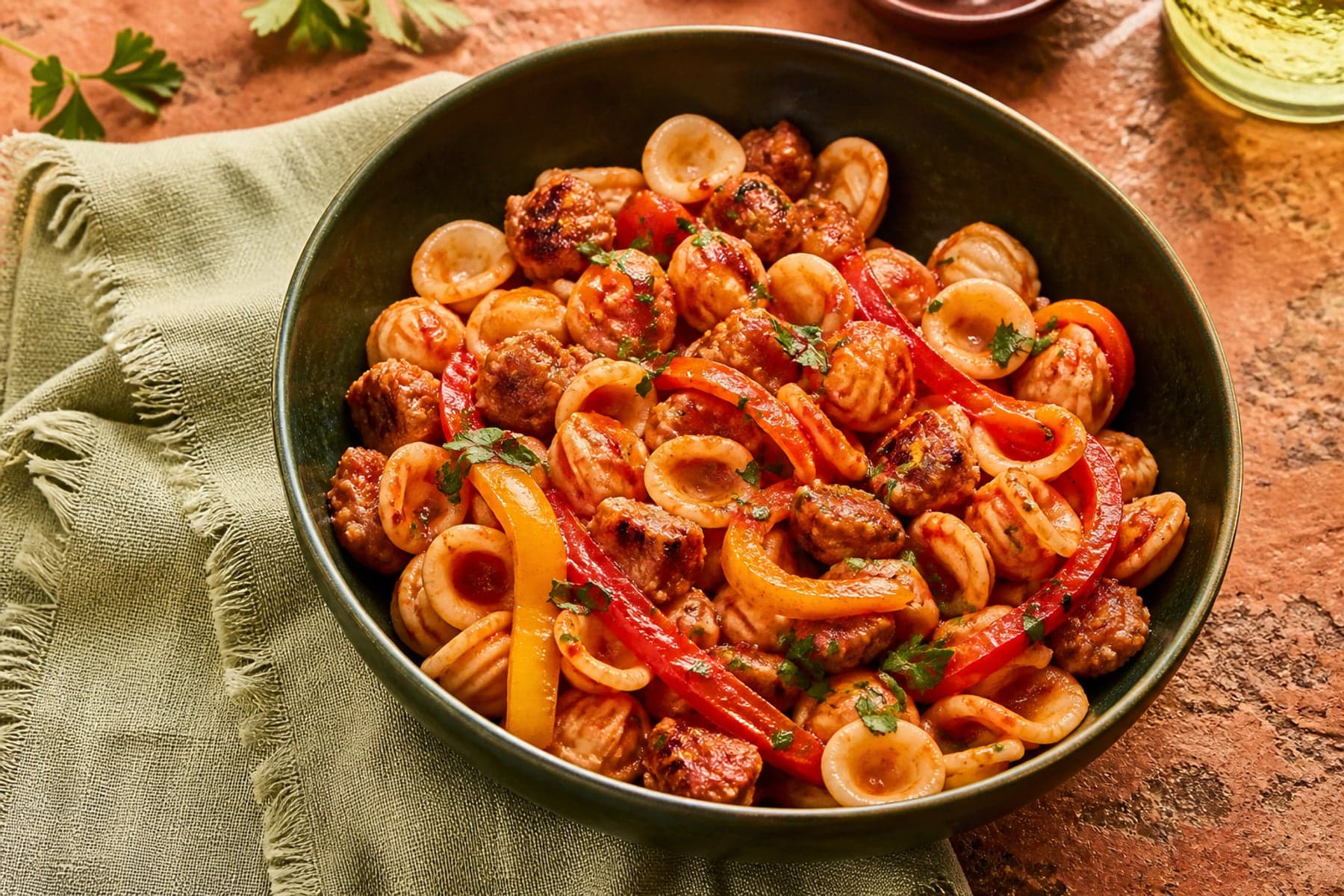 Orecchiette with browned sausage red and yellow peppers and tomato sauce