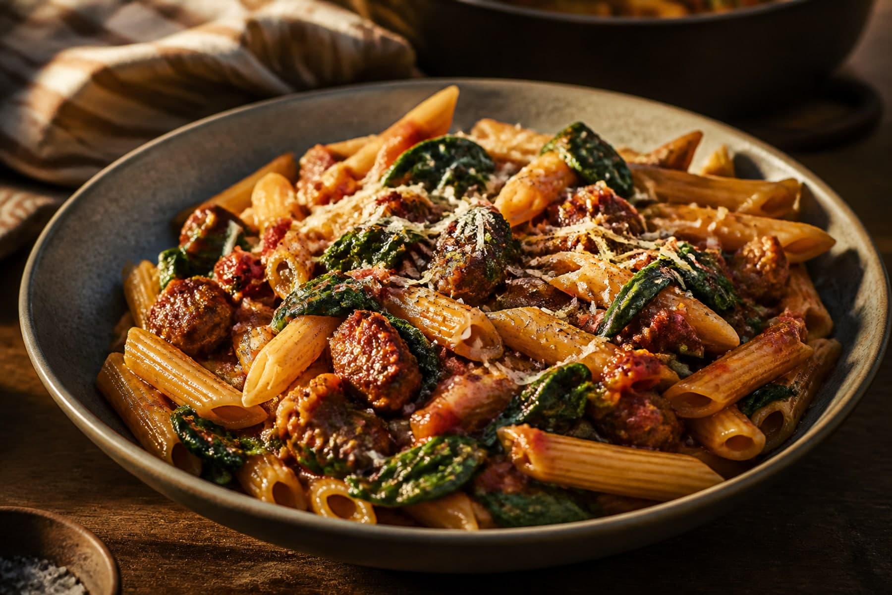 Rigatoni with browned sausage spinach chilli and grated hard cheese