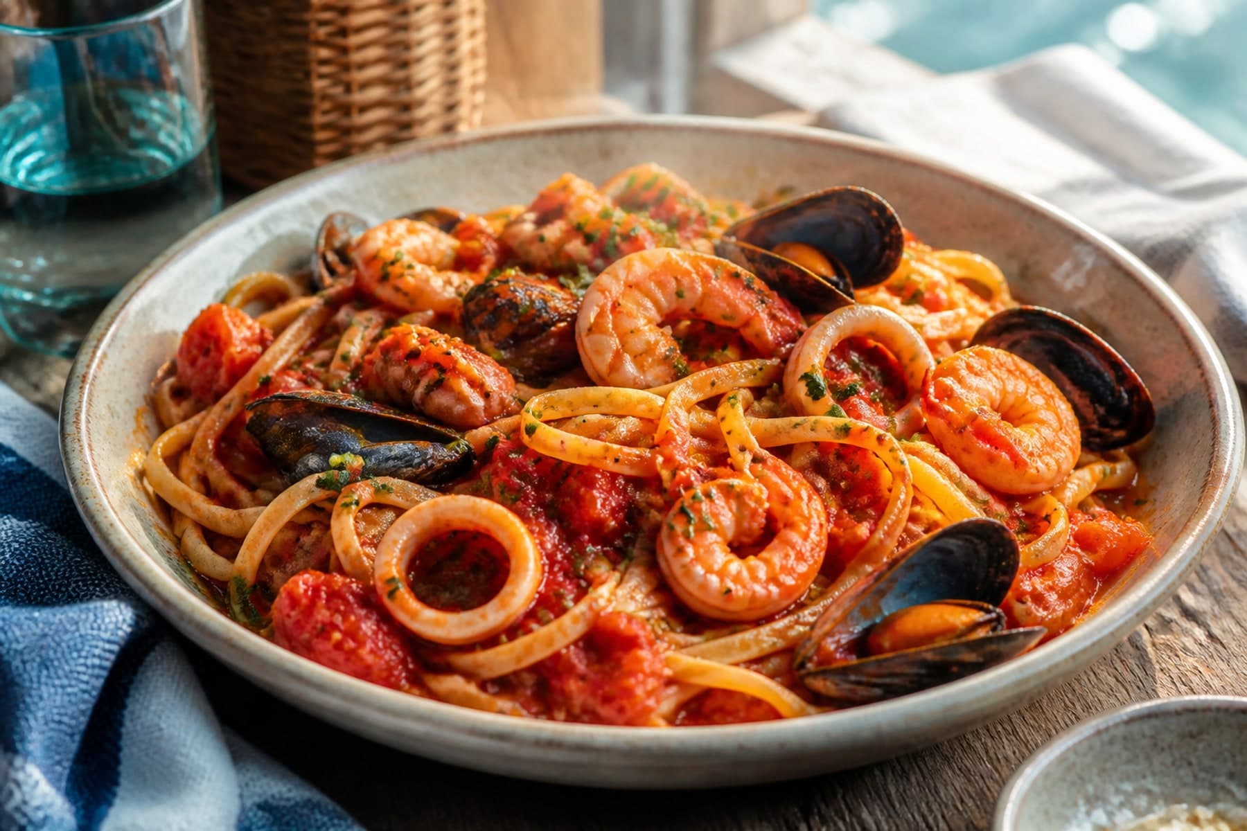 Linguine in tomato seafood sauce with mussels prawns calamari and parsley