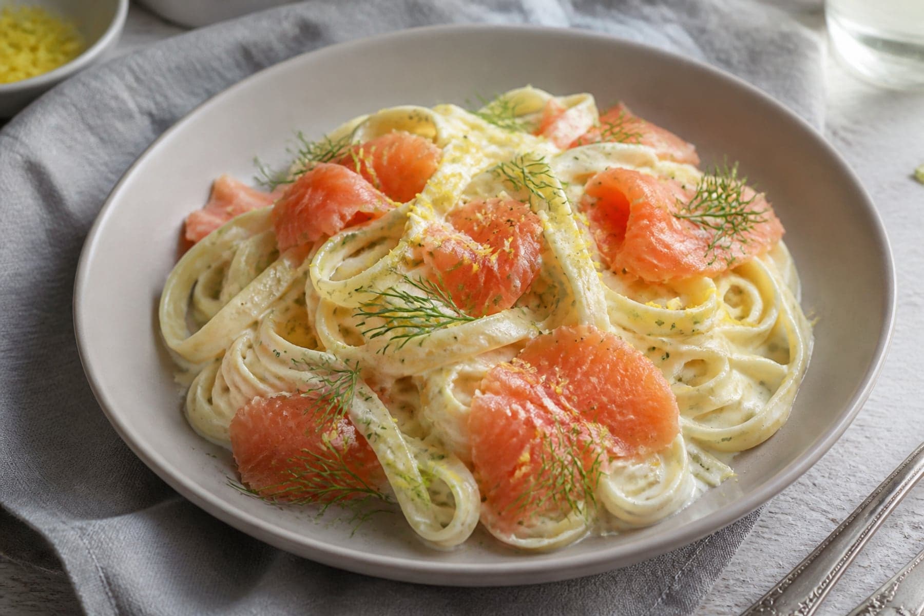 Tagliatelle with smoked salmon lemon creme fraiche dill and black pepper
