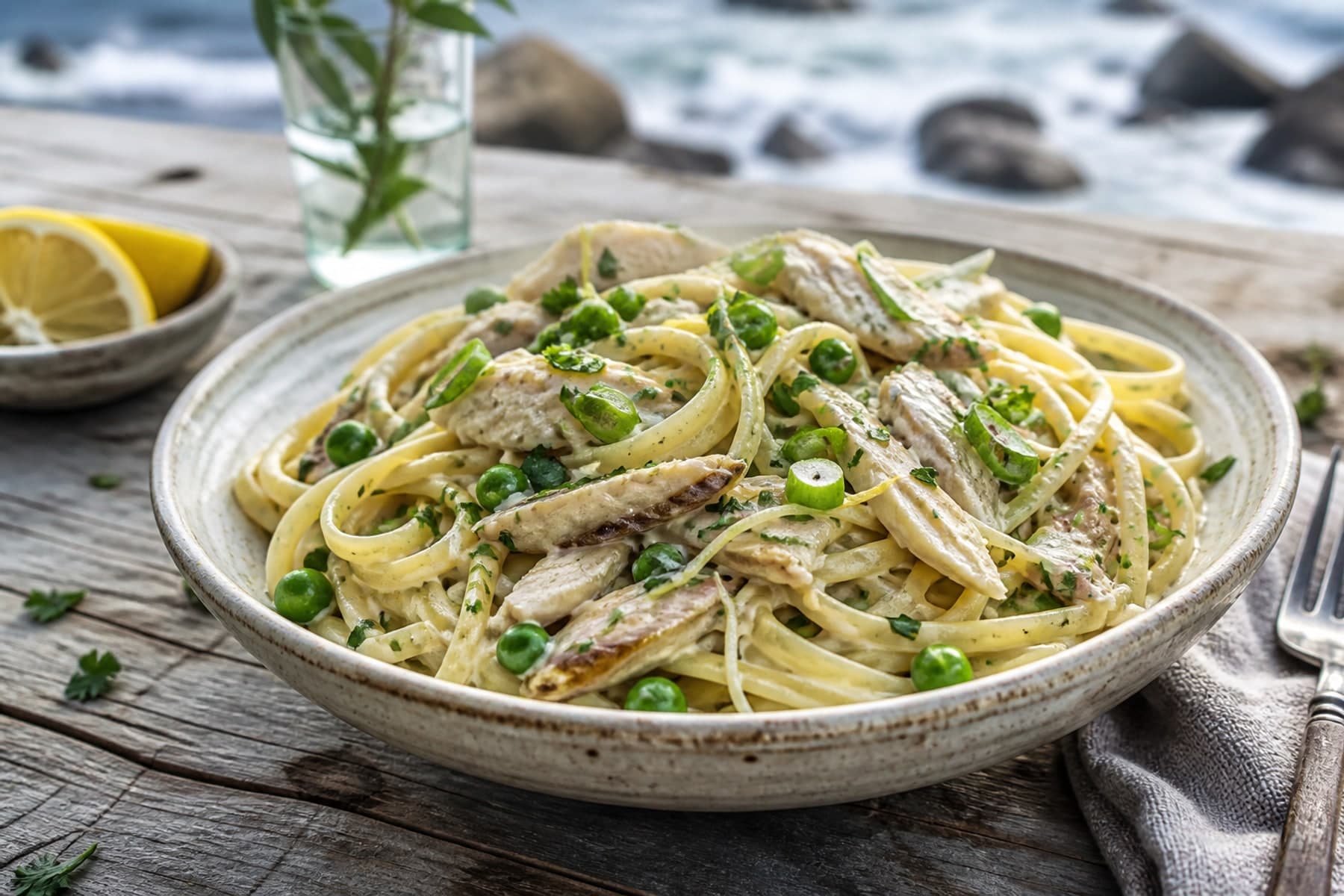 Smoked snoek fettuccine with leeks lemon chives and visible fish flakes