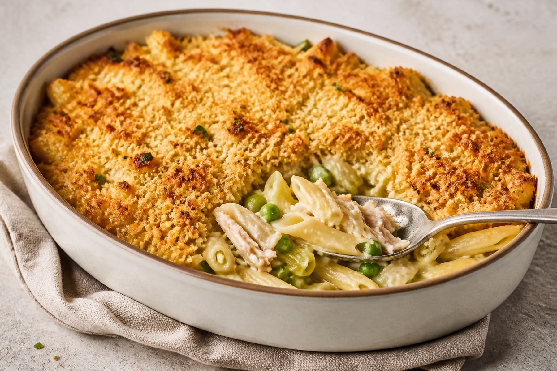 Golden smoked snoek penne bake with peas leeks and lemon crumb