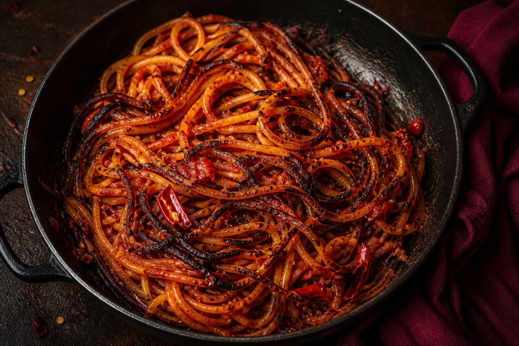 Bari-style spaghetti all Assassina with charred crisp edges tomato and chilli