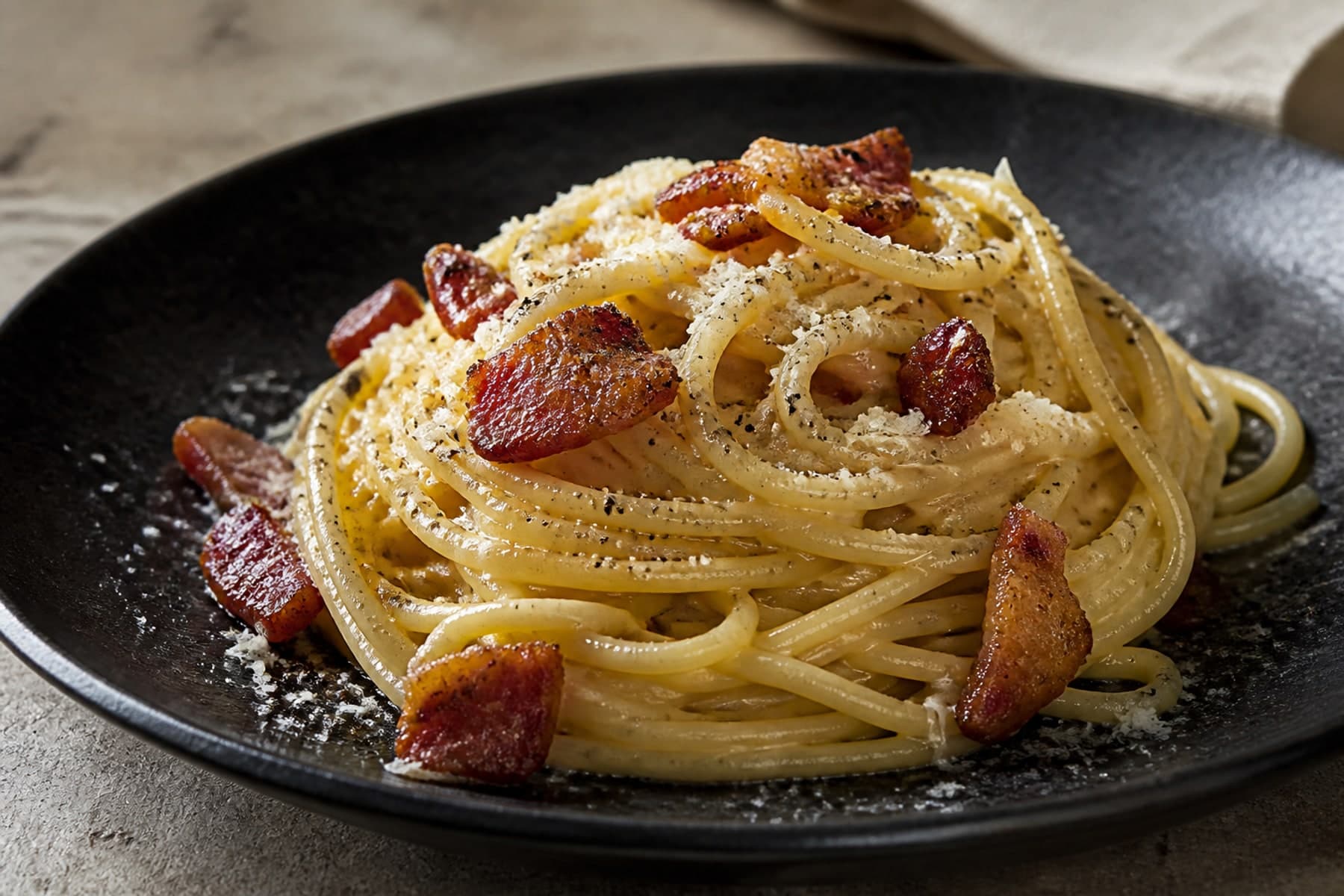 Glossy spaghetti alla gricia with crisp guanciale Pecorino and black pepper