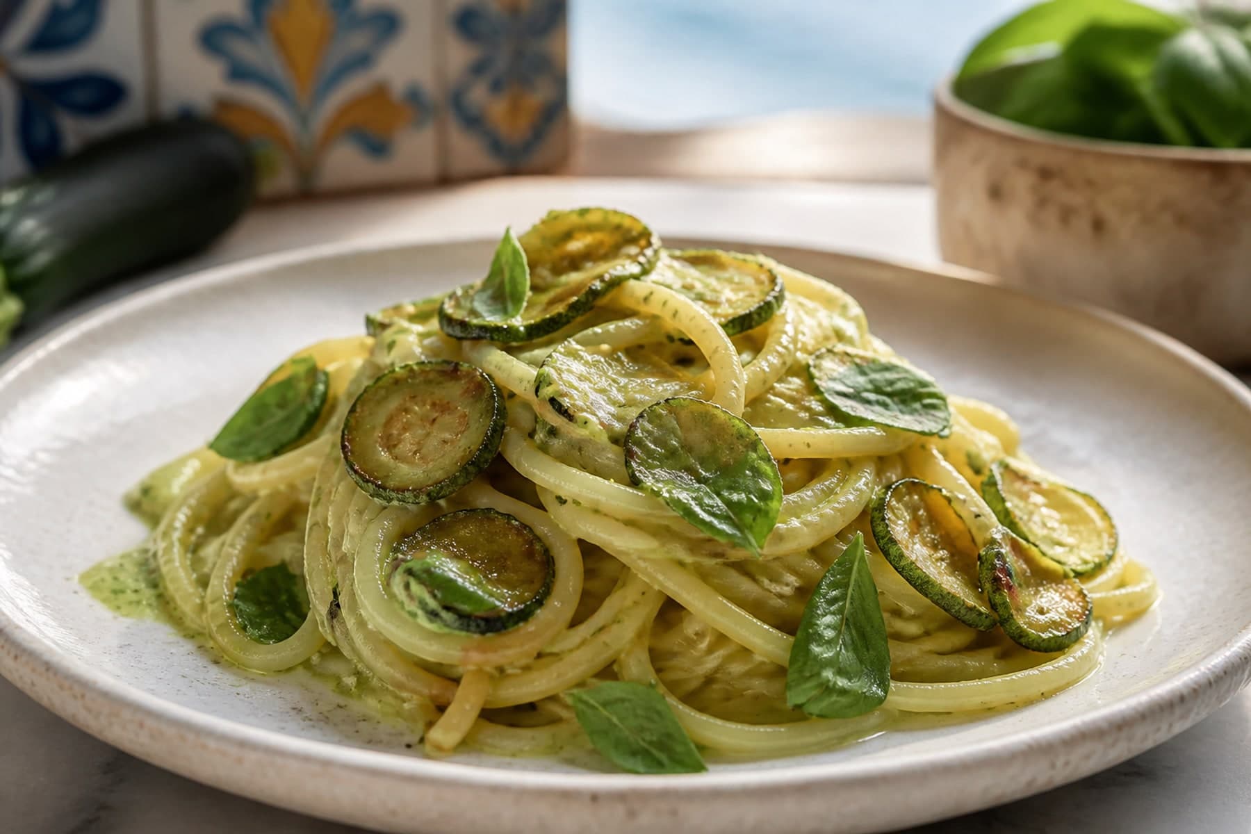 Spaghetti alla Nerano with fried baby marrow basil and grated aged cheese