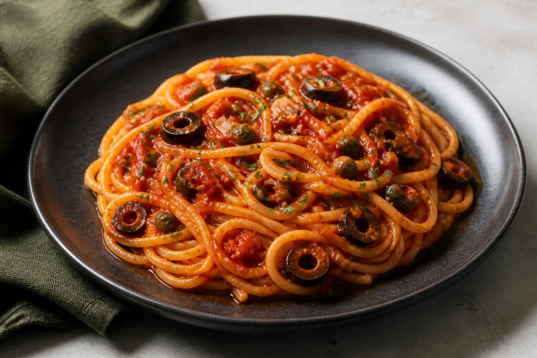 Spaghetti alla puttanesca with olives capers and tomato on a dark ceramic plate
