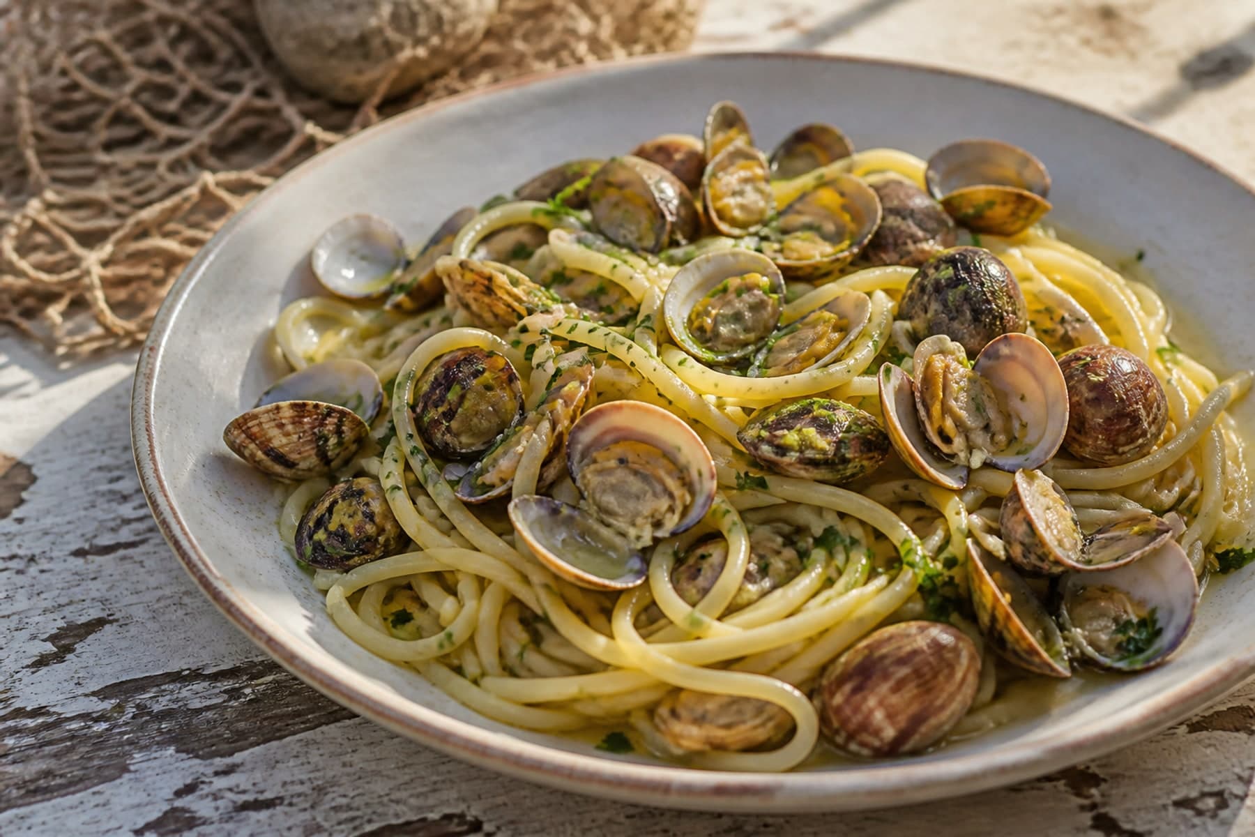 Spaghetti alle vongole with open clams parsley and garlic on a pale coastal plate