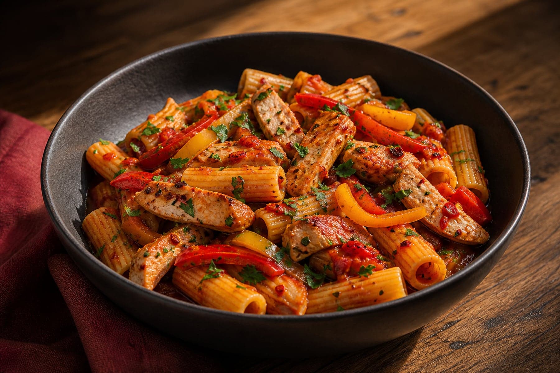 Rigatoni with seared chicken strips red and yellow peppers and chilli tomato sauce