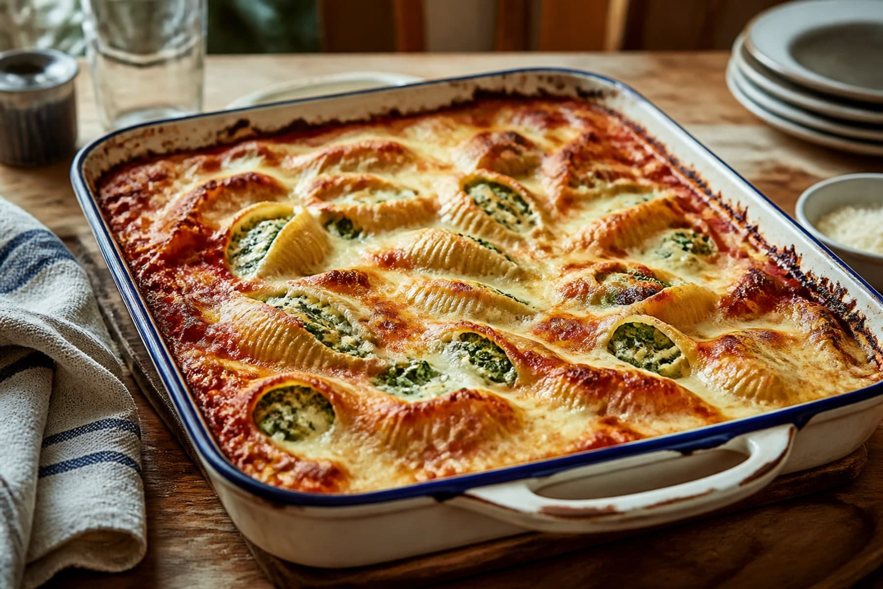 Baked pasta shells filled with spinach ricotta tomato and golden mozzarella