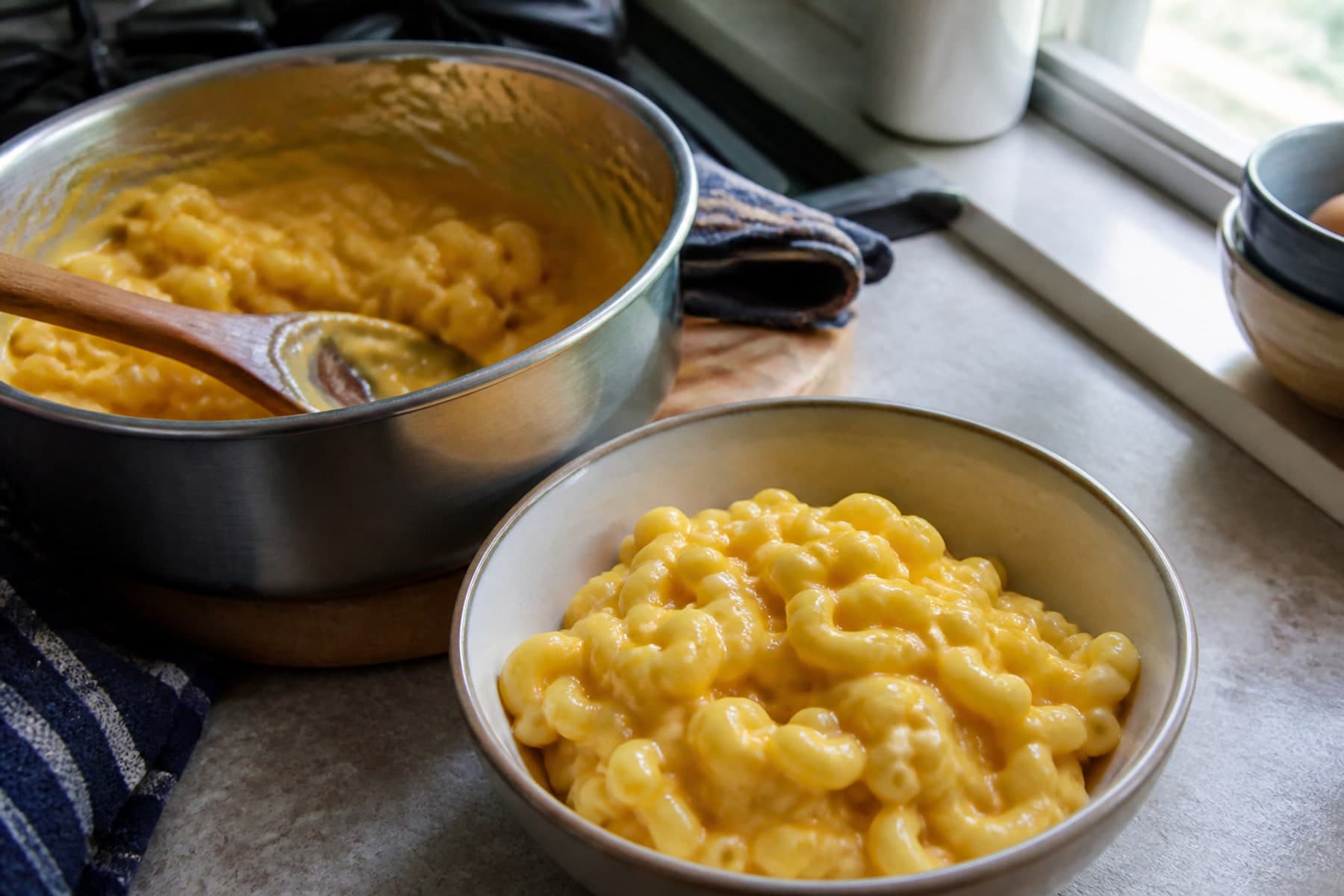 Creamy macaroni cheese with golden breadcrumbs in a modern ivory bowl