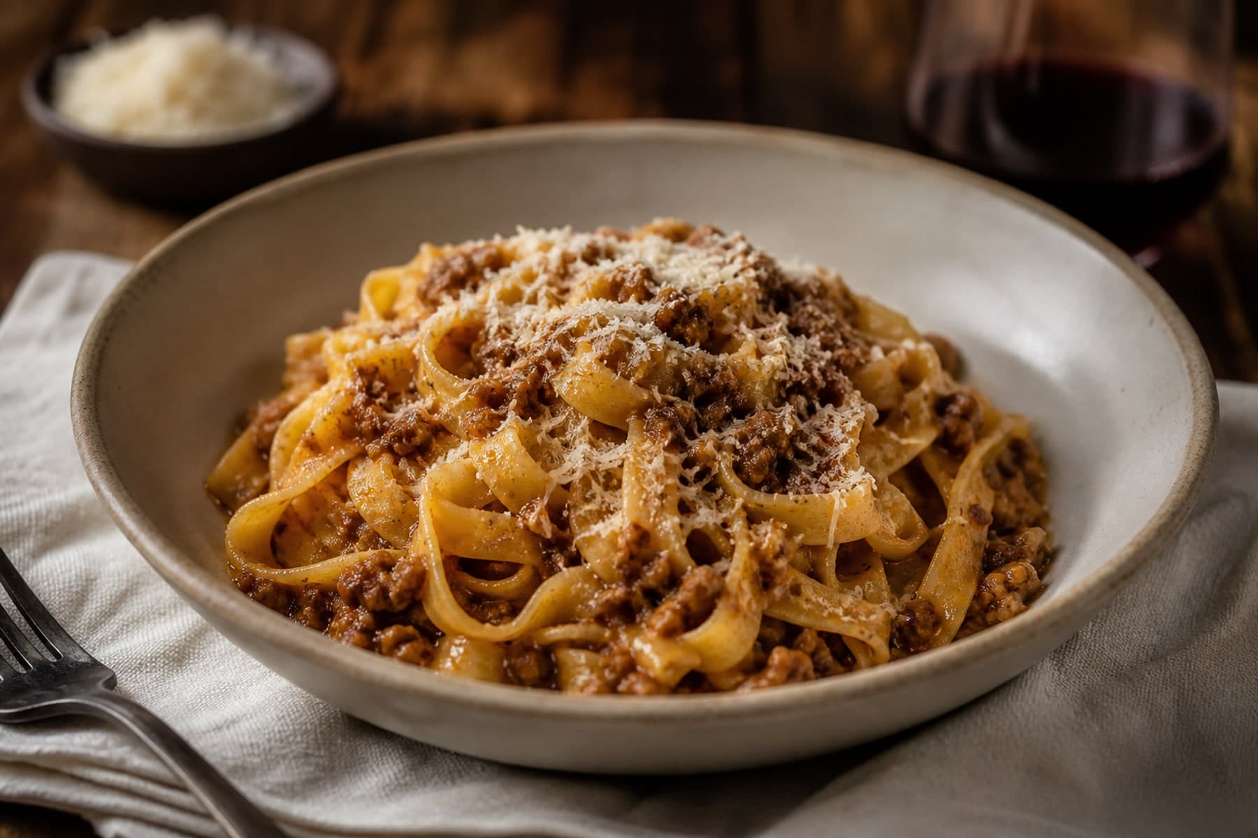 Tagliatelle al ragu with slow cooked meat sauce and Parmesan on a warm timber table