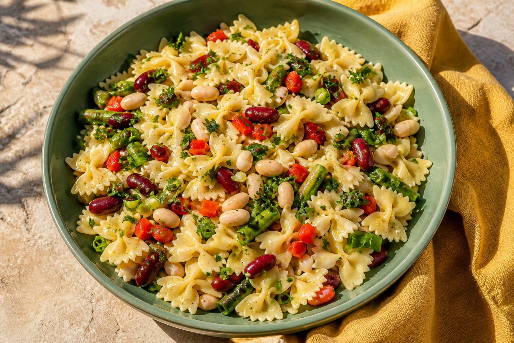 Farfalle salad with kidney beans cannellini beans green beans peppers and herbs