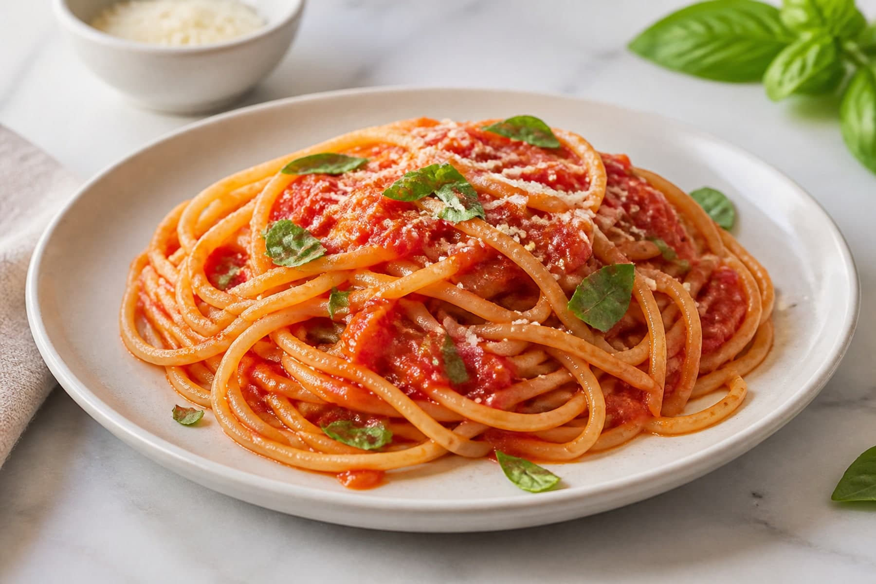 Simple tomato basil spaghetti with glossy red sauce and torn basil leaves