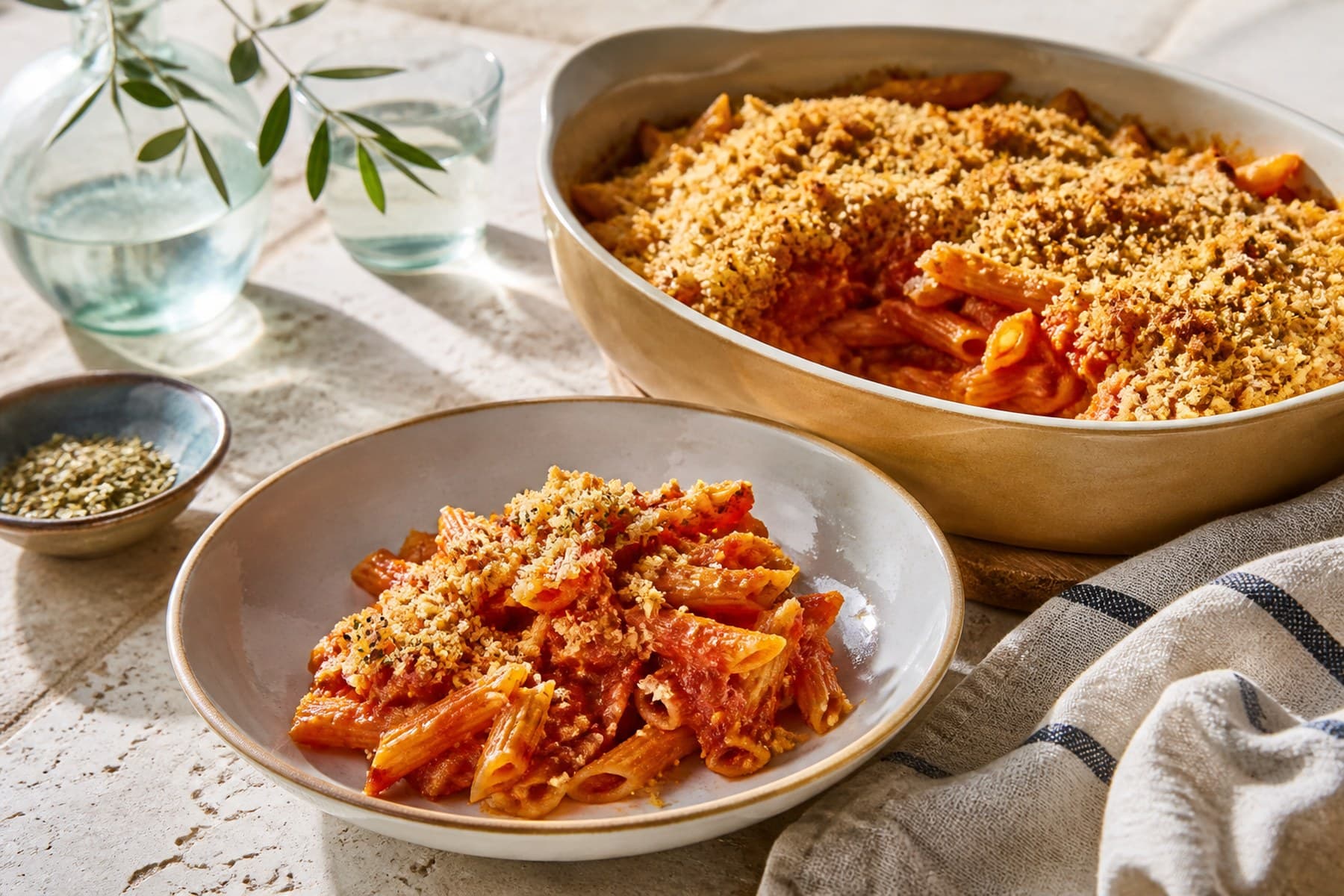 Tomato penne bake with browned mature Cheddar and oregano crumb