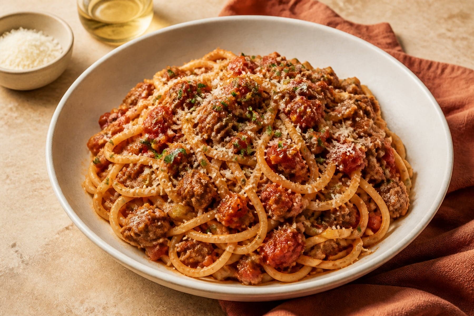 Spaghetti tossed with browned beef mince tomato sauce Parmesan and parsley