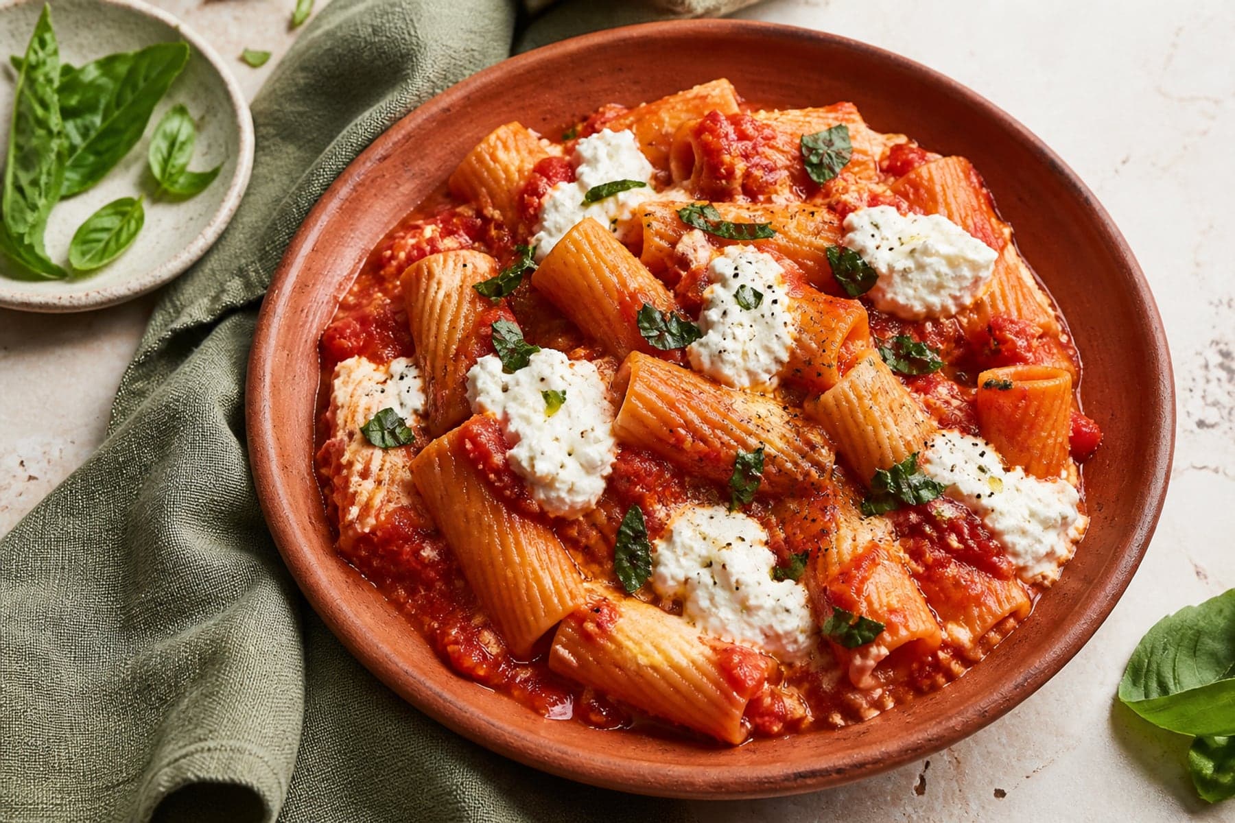 Rigatoni in tomato sauce with creamy ricotta spoonfuls basil and black pepper