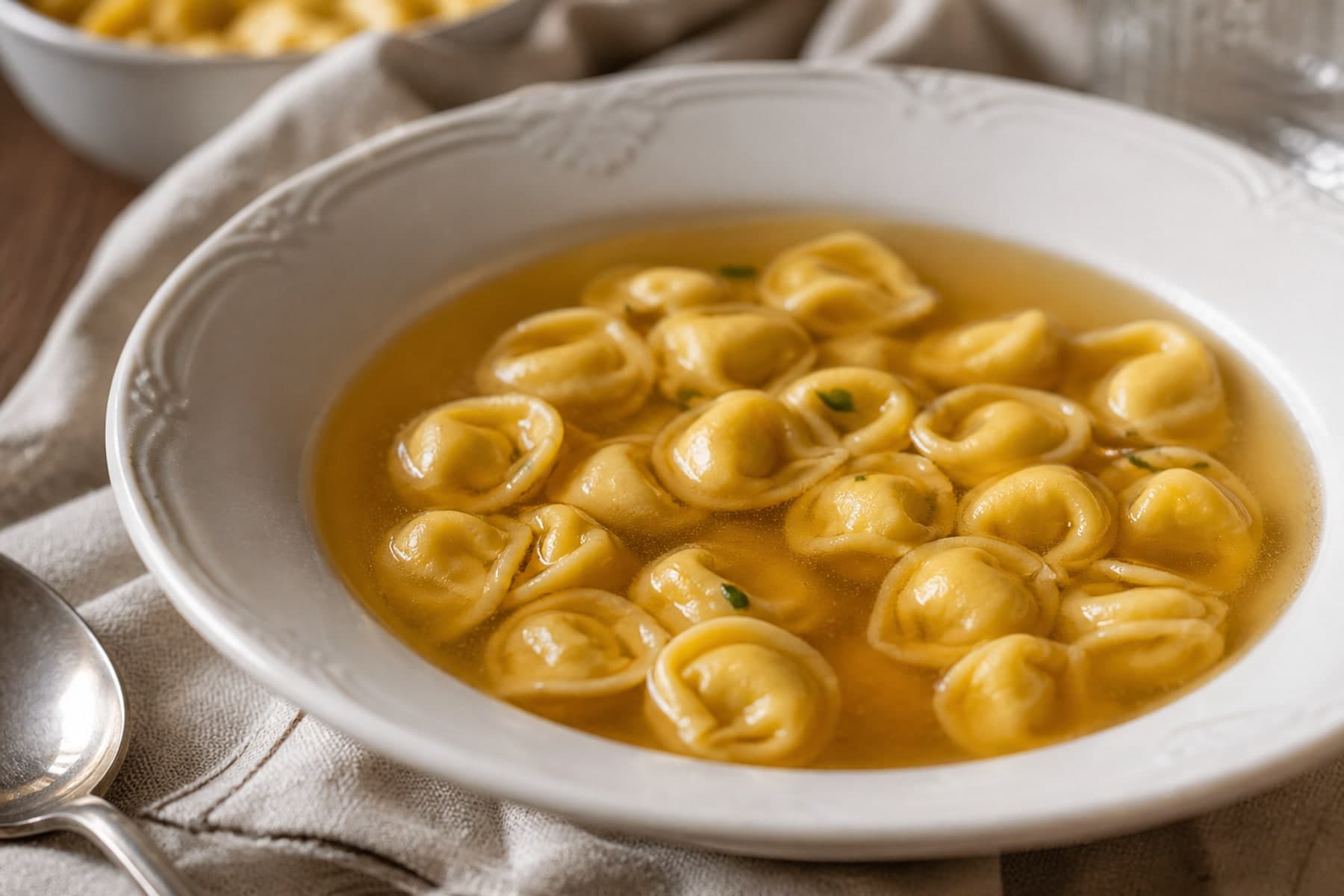Small tortellini in clear golden broth with Parmigiano in a refined white bowl