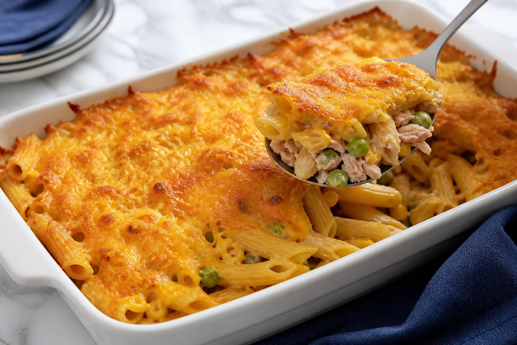 Golden tuna and sweetcorn pasta bake in a white ceramic dish