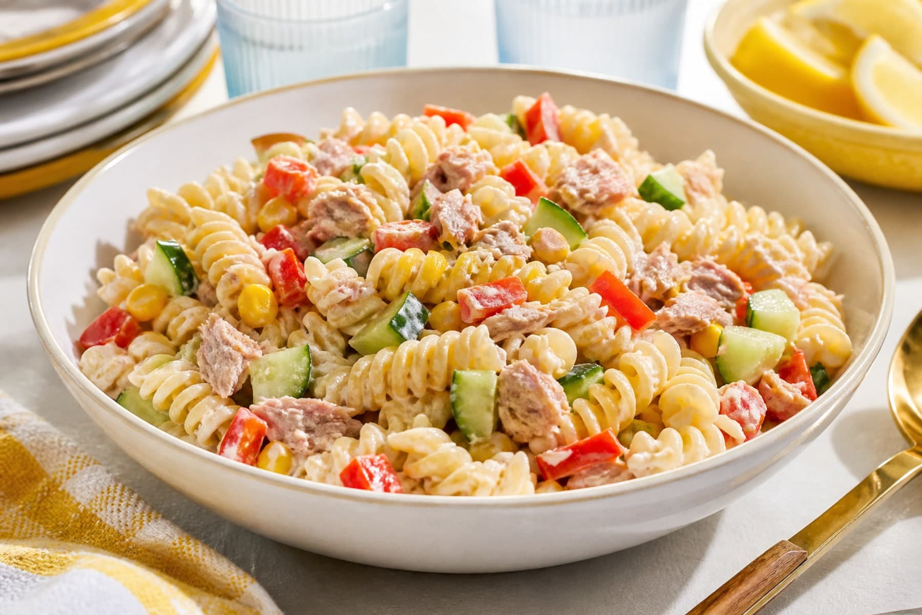 Cold tuna fusilli pasta salad with cucumber sweetcorn tomato and dill