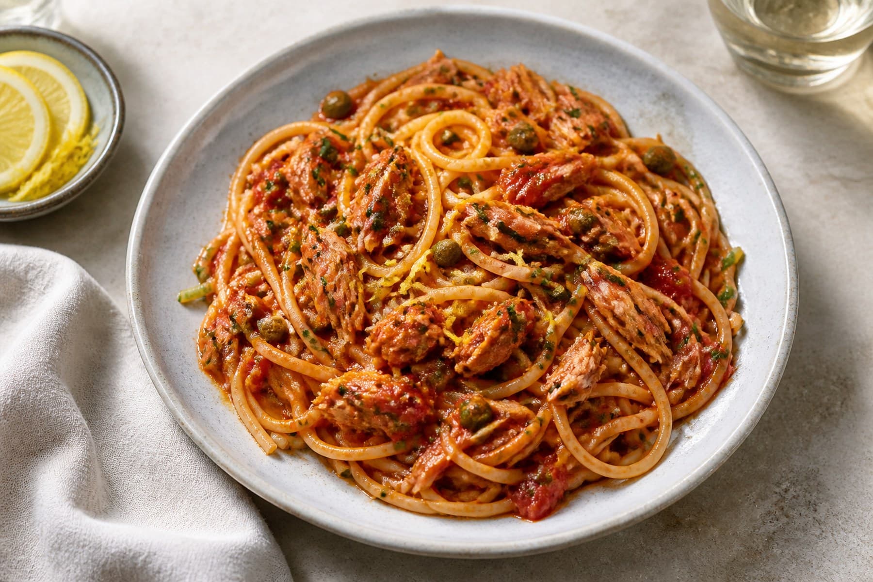 Spaghetti with flaked tuna reduced tomato capers lemon and parsley