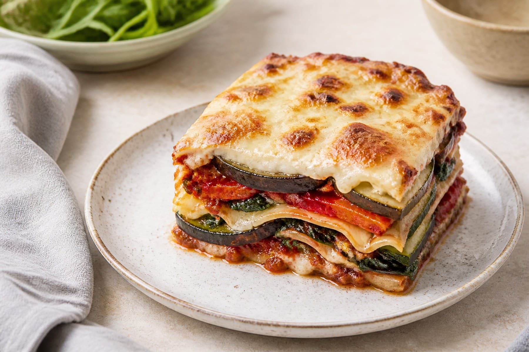 Slice of vegetable lasagne with aubergine peppers spinach and browned cheese