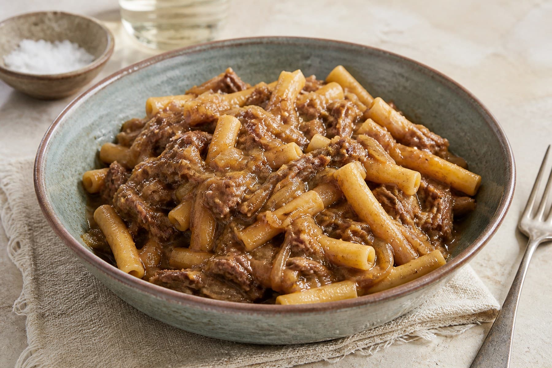 Broken ziti coated in slow cooked amber onion and beef Genovese sauce