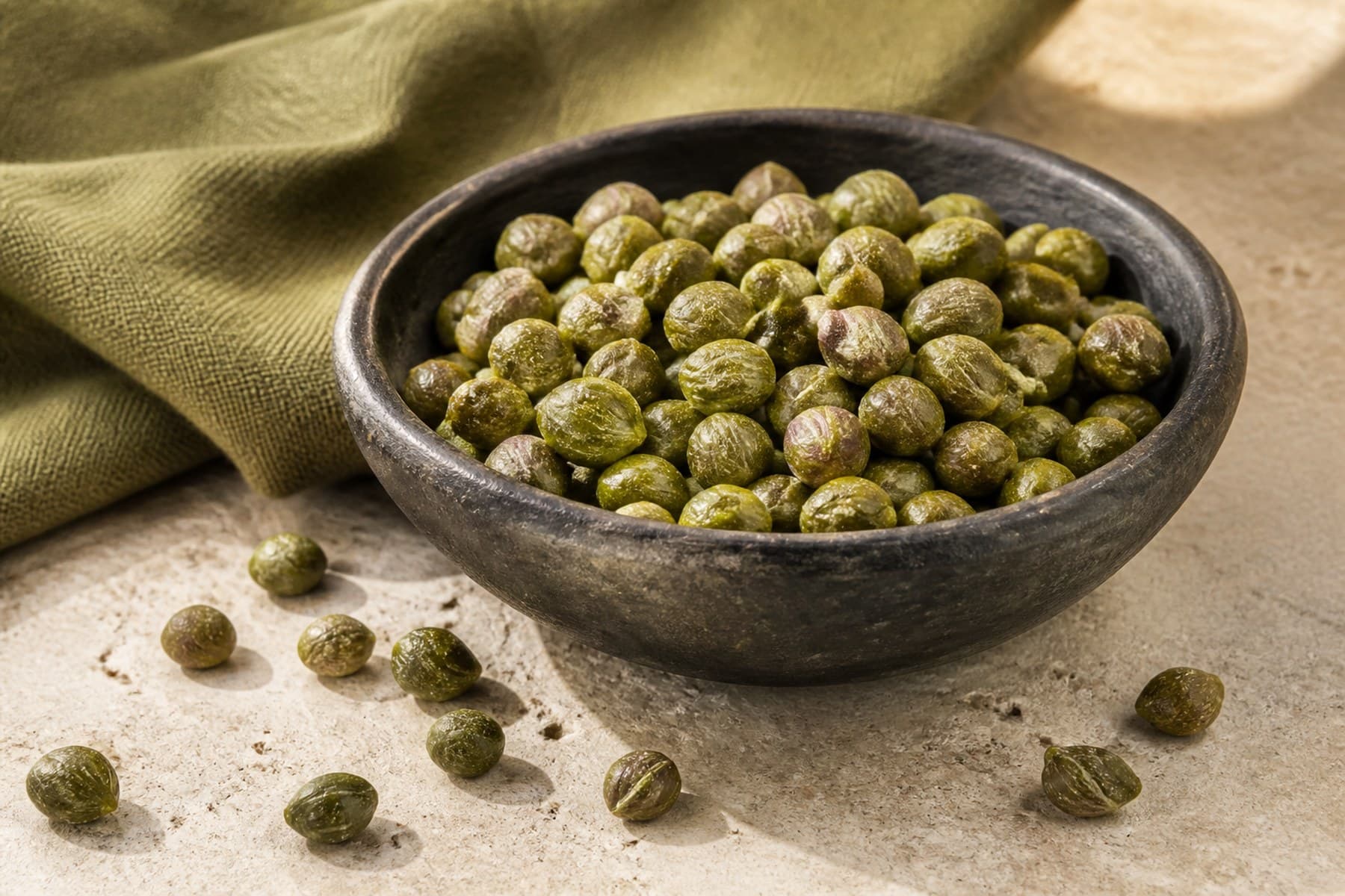 Green caper buds in a small stone bowl with a few scattered beside it